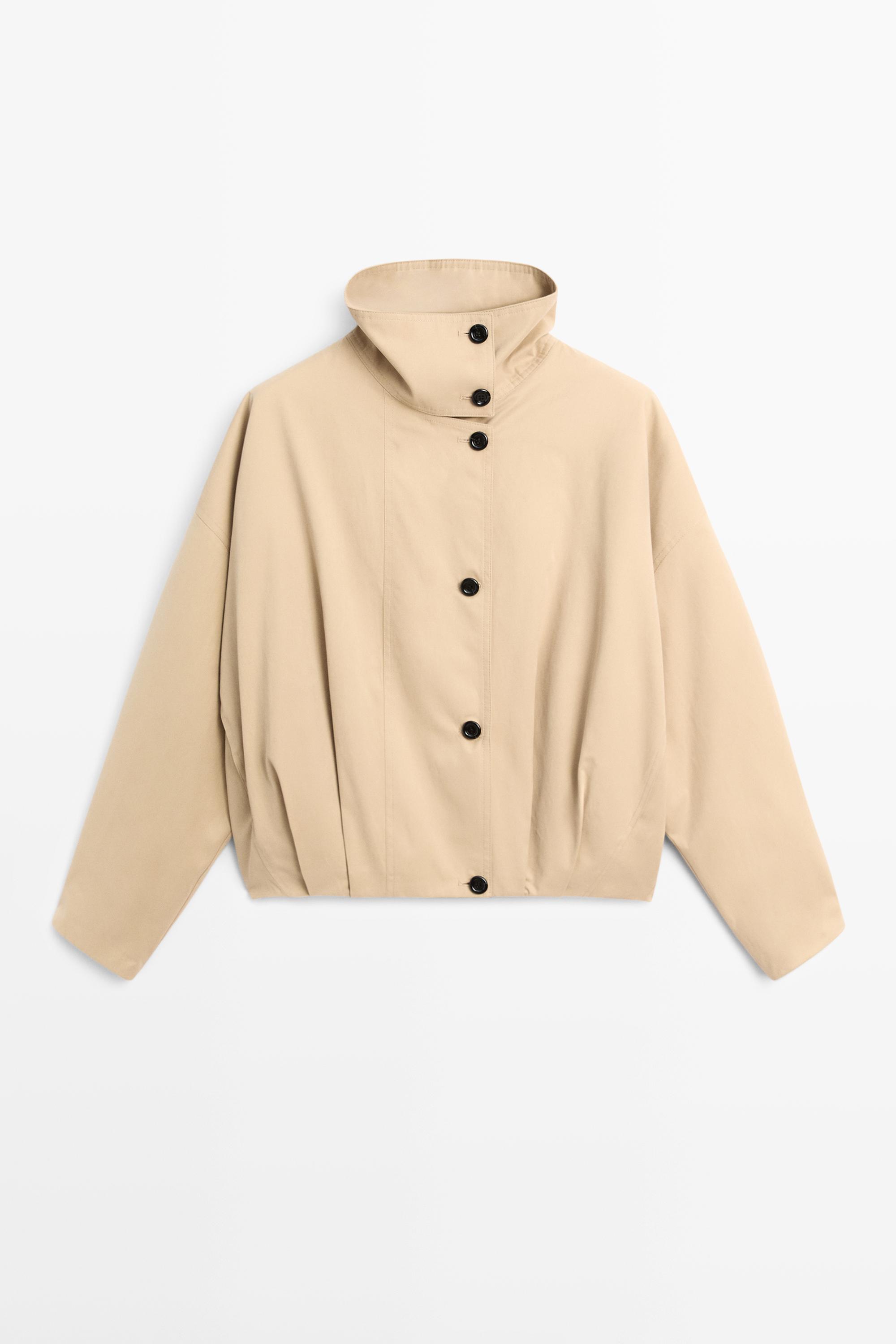 Pleated stand-collar bomber jacket